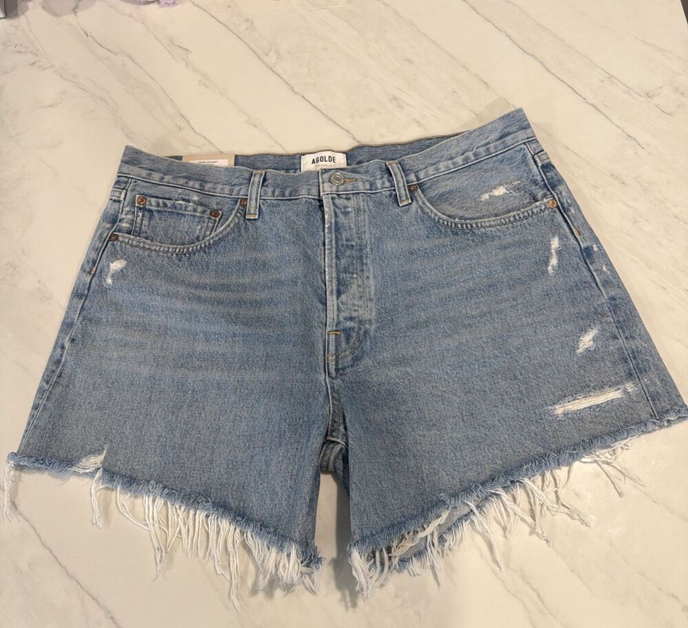 NWT Agolde Parker Long Denim Short Swapmeet 32 Model-Off-Duty Boho-Chic Granola